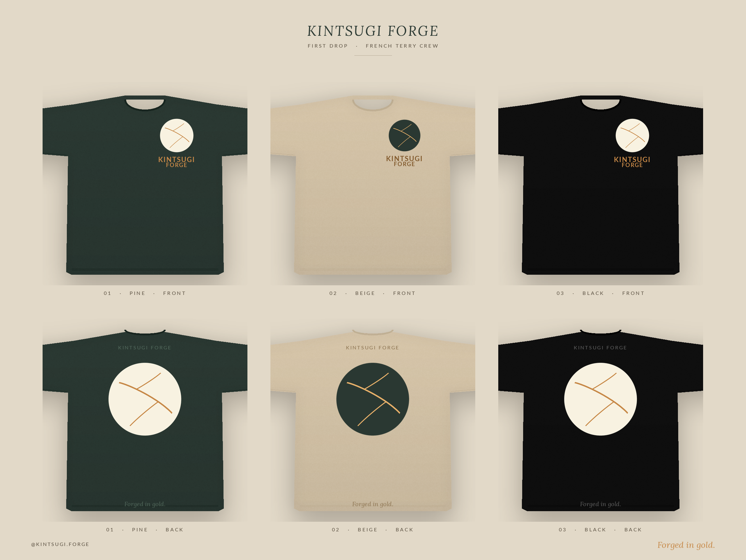 Kintsugi Forge first-drop crewneck mockup &mdash; pine, beige, and black colorways