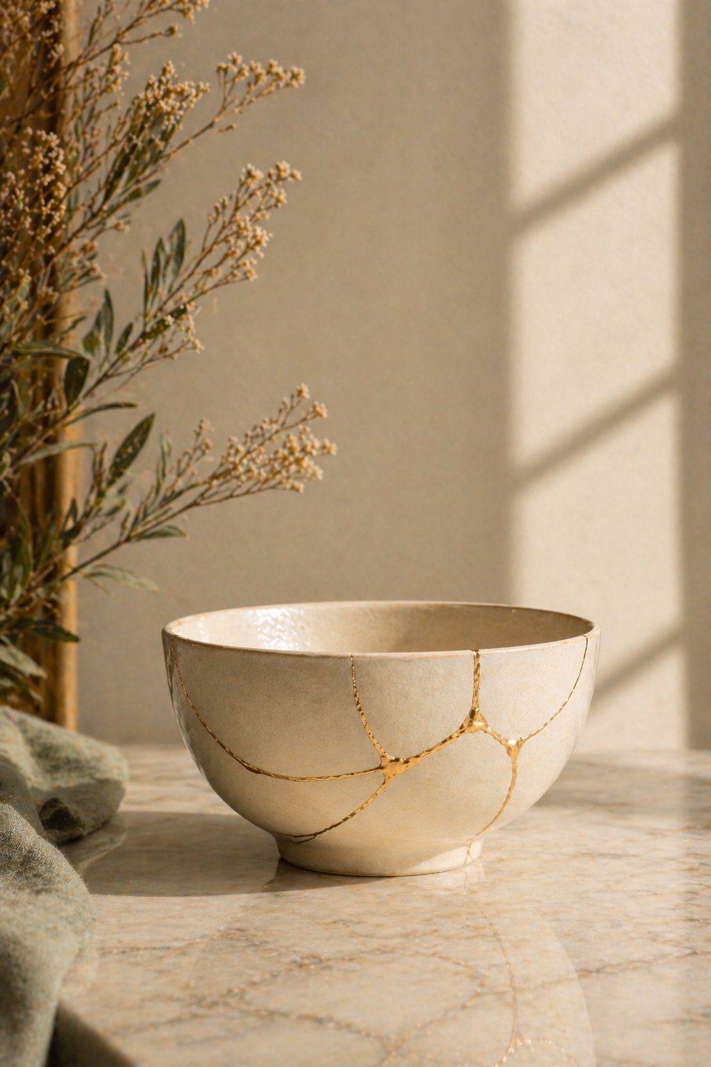 A repaired ceramic bowl, cracks filled with gold so the bowl becomes worth more than before it broke.