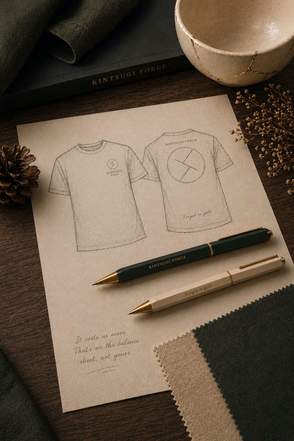 A workshop flat lay — hand-sketched first-drop t-shirt designs on kraft paper, two Kintsugi Forge pens, fabric swatches in pine and bone, and a kintsugi bowl. A handwritten note reads: It costs us more. That's on the balance sheet, not yours.