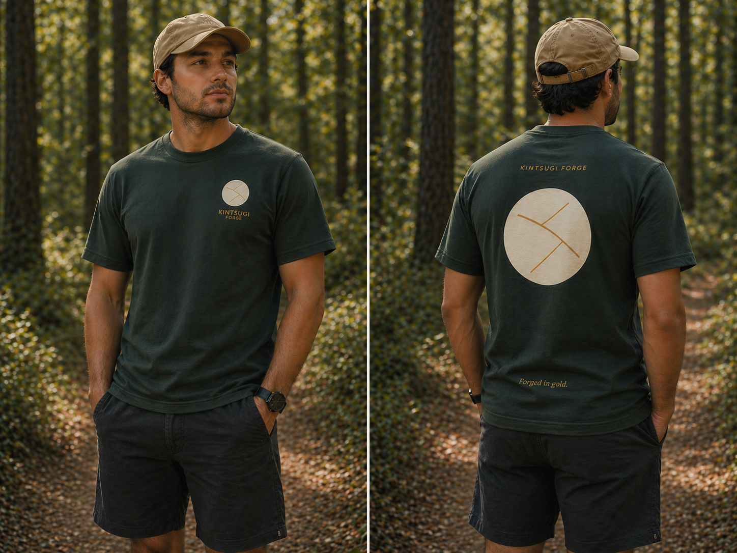 T-shirt prototype on model — front and back, forest setting